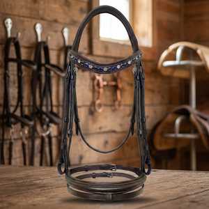 Bridon en cuir pour cheval avec frontal bleu et orné de cristaux, couronne et muserolle rembourrées, ferrures en acier inoxydable, style Hunter Show - Product Image 2