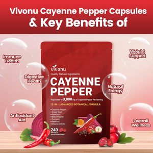 Complément en gélules VivoNu au poivre de Cayenne : Soutient la santé cardiaque, des veines des jambes et des vaisseaux sanguins, améliore la densité osseuse, Vitamine E, D3+K2 - Product Image 1