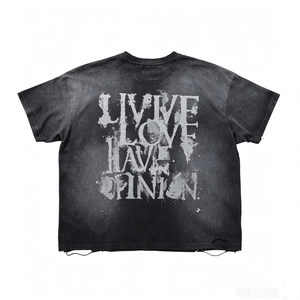 Camiseta de algodón negra de peso pesado con lavado <span class=keywords><strong>vintage</strong></span>, estampado y agujeros desgastados, efecto descolorido por el sol, estilo streetwear, 2026, de proveedor popular - Product Image 1