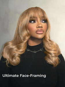 Body Wave Lace Front Wig Honey <strong>Blonde</strong> Curtain Bangs Virgin Brazilian Human <strong>Hair</strong> 2x6 Deep Part Glueless Salon Grade Soft - Product Image 2