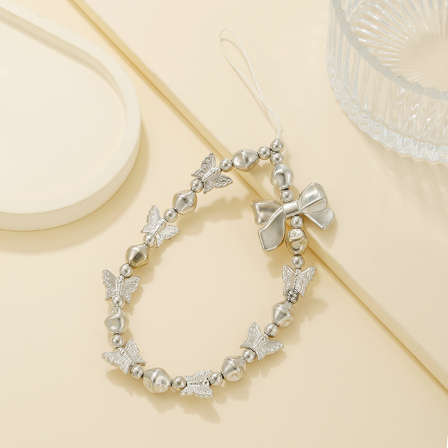 Y2K Phone Charm Anti-Loss Chain Accessories Silver Heart Beaded Phone Pendant for CCD Camera/Mobile Decor Women's Gift