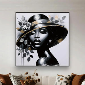 Lukisan Kanvas Seni Pop Berkilau Wanita Afrika Cantik, Dekorasi Dinding Berbingkai, Lukisan Foil Emas Wanita Berpakaian Topi - Product Image 3