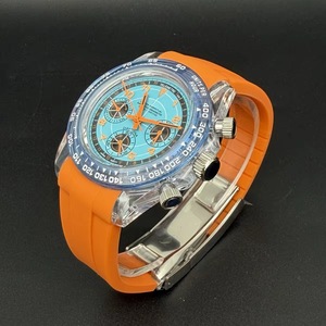 39mm Acrylic <b>Men</b> Chronograph Watch Blue Dial Orange Rubber Strap With VK63 Movement - Product Image 3