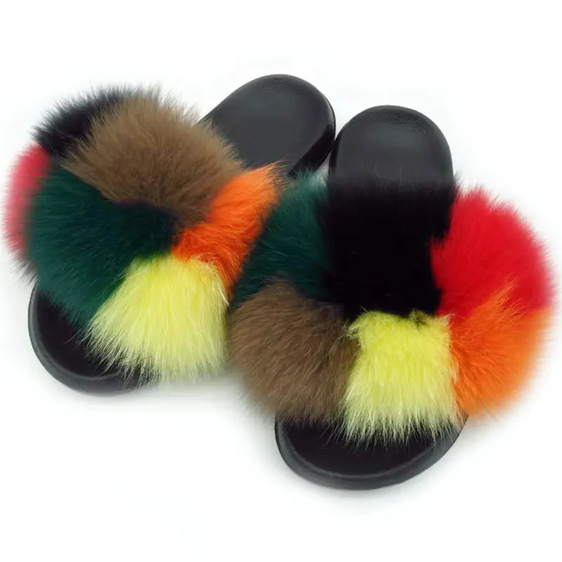 Zapatillas de piel de EVA personalizables para mujer, pantuflas con piel de zorro sintética esponjosa de arcoíris, 2020