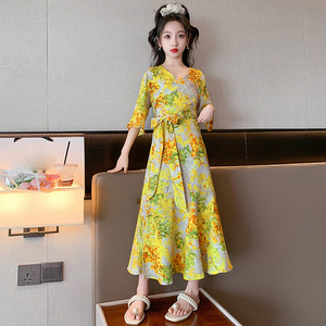 เดรสคอวีลายดอกไม้สีเหลืองสำหรับเด็กผู้หญิงชุดเดรส2023หรูหราสำหรับฤดูร้อน - Product Image 5