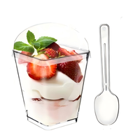 Vaso Desechable Trapezoidal de Plástico PS de 160ml (5oz) Moldeado por Inyección, Apto para Alimentos, para Mousse y Postres, con Tapa y Cuchara, para Venta al por Menor