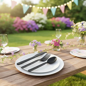 طقم أدوات مائدة بلاستيكية فاخرة شفافة للاستخدام مرة واحدة، خالية من مادة BPA، متينة ومقاومة للحرارة، قابلة للتخصيص للأعراس والحفلات - Product Image 1