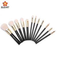 DailyQueen Luxury 12pcs Gold Tube Acrylique Makeup Brush Set Manche Noir avec Fibre Protéine et Poils de Chèvre Naturels Gaine à Fermeture Éclair