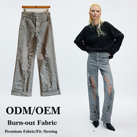 Jean droit femme tendance streetwear OEM Y2K en denim semi-transparent gaufré, déchiré et évidé, taille mi-haute