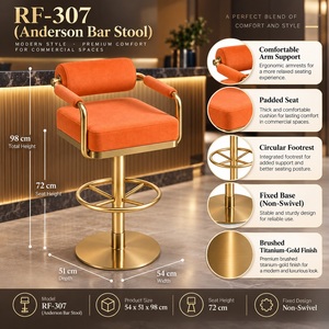 เก้าอี้บาร์กำมะหยี่สีส้มทันสมัย โครงโลหะสีทอง หมุนได้ 360 องศา พร้อมพนักพิง - Product Image 3