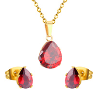 Parure de bijoux de mariage pour femme : Collier et boucles d'oreilles en acier inoxydable avec diamant rond à six griffes et zircone cubique AAA, pierres de naissance