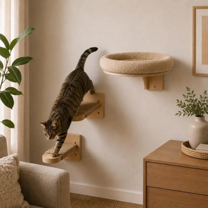 Ensemble de meubles pour animaux de compagnie à fixer au mur, lit en bois, étagère ronde avec coussin en peluche doux - Product Image 2