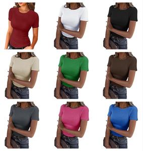 Camiseta de manga corta de punto acanalado para mujer, cuello redondo, corte ajustado, básica para uso diario - Product Image 1