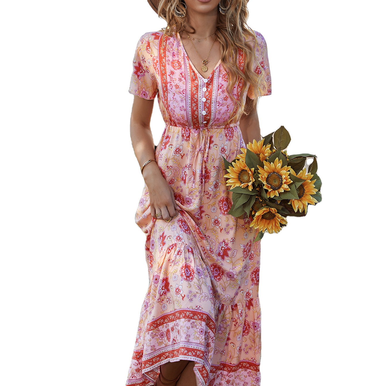 Vintage Chic Women Tassel Floral Print Beach Bohemian Midi Dress