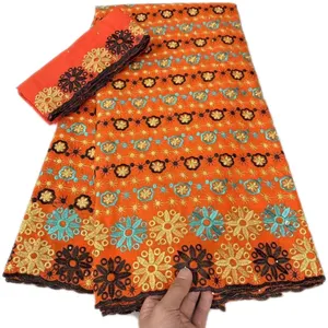高品质瑞士薄纱蕾丝面料带围巾7码非洲刺绣100% 棉蕾丝面料带石头派对礼服