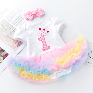 Nuovo Stile Estivo: Tutina in Cotone con Stampa Cartoon per Bambina, Manica Corta, Bianco e Rosa, con Tulle, per Festa del Primo Compleanno, Vendita all'Ingrosso - Product Image 1