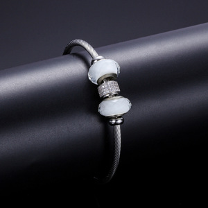Diamond <b>Bracelet</b> For Women 14Mm Stainless Steel Cable With Blue Crystal <b>Beads</b> And Diamond Encrusted Center <b>Charm</b> Everyday Wear - Product Image 3