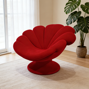 Fauteuil moderne avec accent pétales de fleurs rouges, fauteuil en velours de luxe de style nordique en forme de coquille, siège lounge design pour salon - Product Image 5