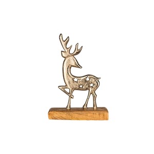 Sculpture d'arbre de Noël moderne en métal doré sur base en bois naturel, décoration de table élégante, ornement festif en aluminium texturé - Product Image 2