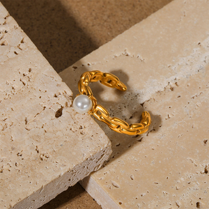 Anillo Geométrico Simple de Acero Inoxidable, Anillo de Cadena con Baño de Oro de 18K, Anillo Abierto de Moda con Perla - Product Image 5