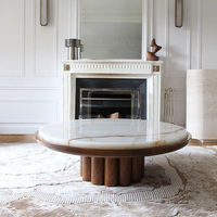 Table basse ronde en marbre onyx naturel avec base cannelée en bois massif, table centrale moderne de luxe pour salon