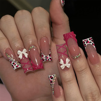 24 faux ongles à presser, forme cercueil, rose ombré, French manucure, motif floral et strass, avec lime à ongles, vente en gros et dropshipping
