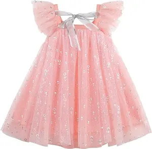 Wholesale Manufacture Custom Short Sleeve Cute Bow Shining Dots Frocks Design Tulle Dress