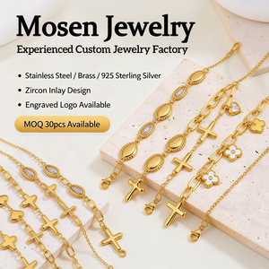 मोसेन गहने स्टेनलेस स्टील सोने के कंगन क्रॉस आकर्षण अंडाकार बीड लिंक चेन क्लोवर ब्रेसलेट - Product Image 1