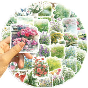 50PCS <span class=keywords><strong>Acuarela</strong></span> primavera paisaje floral planta verde flor mixta lavanda tulipán girasol pegatina - Product Image 3