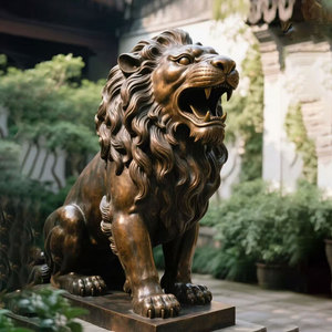 Grande Sculpture d'Animal en Métal pour Extérieur, Grandes Sculptures de Lion en Bronze, Statues d'Entrée en Cuivre et Laiton, Statue de Lion - Product Image 3
