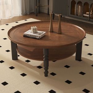 Mesa de centro redonda de madera maciza de estilo francés de 60 cm con estante de almacenamiento, muebles para sala de estar - Product Image 1