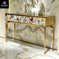 Table console en mosaïque d'art moderne avec pieds en métal doré, table d'entrée haut de gamme, meuble console décoratif de luxe