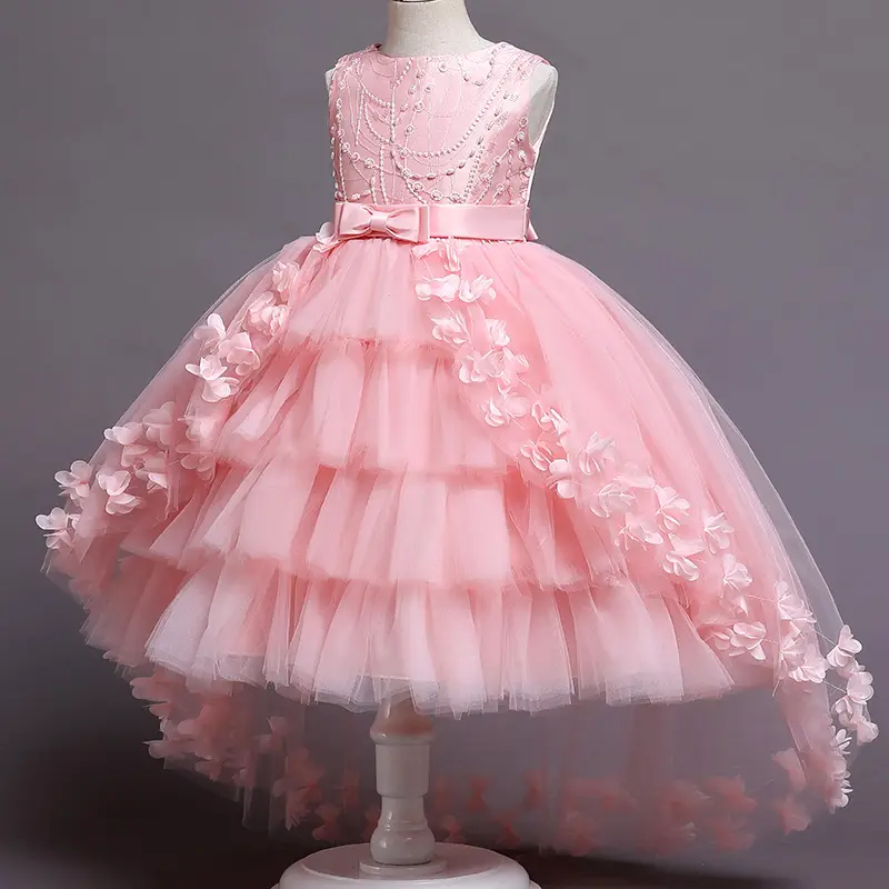 Mädchen Trail ing Lace Tutu Kleid Blume Kinder kleider für Mädchen Bankett Show Kleid Hot Selling Sommer Baumwolle Mini Satin Stoff Falten