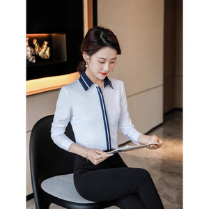Women Blue Fitted Shirt Long Sleeve Solid Color Contrast Collar Office Commute Style Poplin Fabric Button <b>Down</b> Shirt - Product Image 2