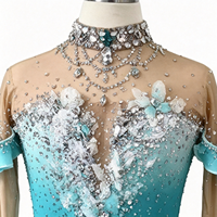 Robe de patinage artistique dégradé turquoise et blanc, ornée de fleurs 3D et de strass, dos ouvert, pour adultes et enfants