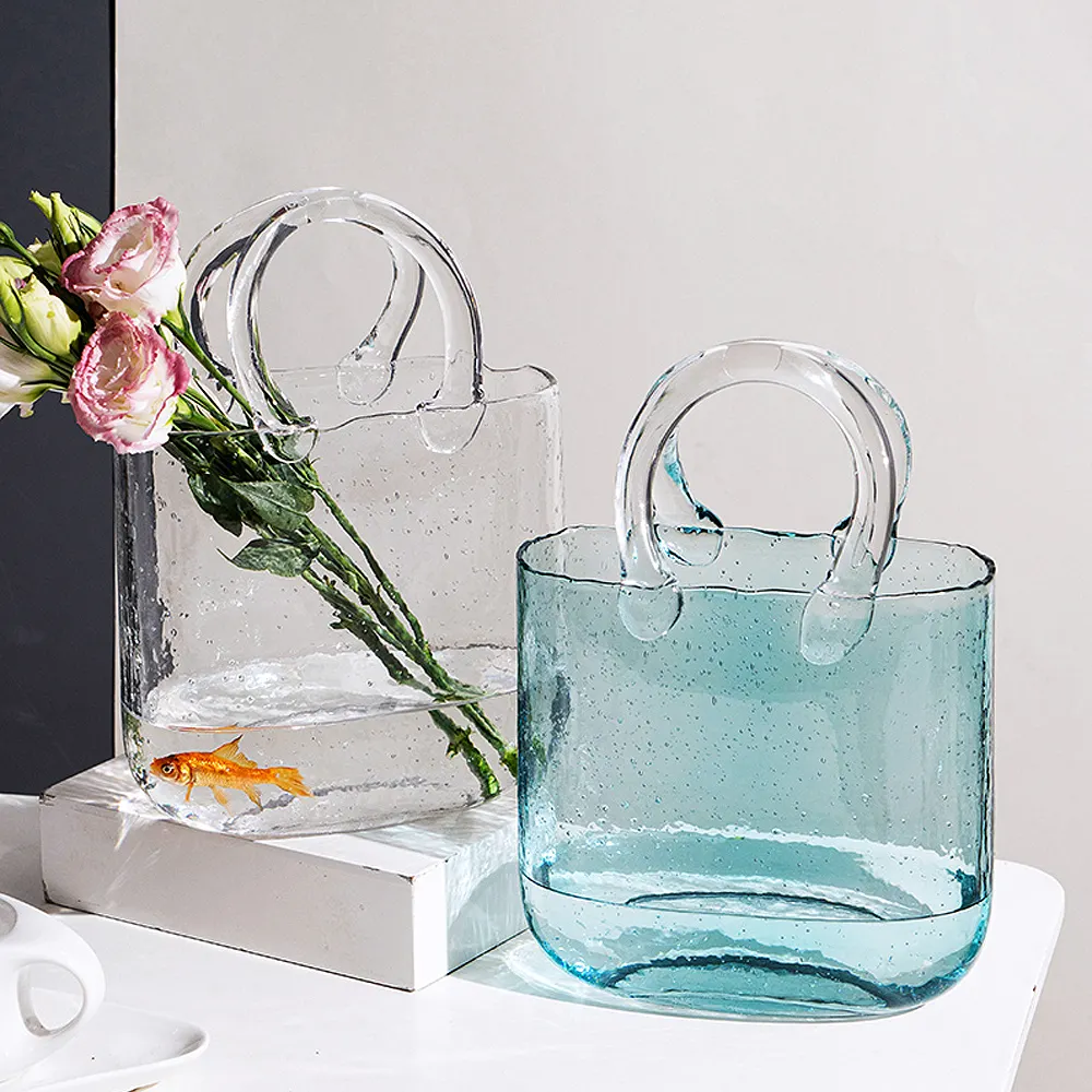 Offre Spéciale personnalisé artistique mariage bureau plantes décoration recyclé soufflé à la main bleu bulle cristal fleur verre sac à main sac Vase