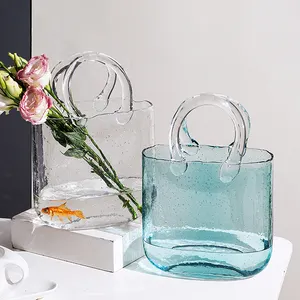 Hot Sale Custom Artistic Wedding Desktop Plants Decoration Recycled Hand Blown Blue Bubble Crystal Flower Glass Purse Bag Vase