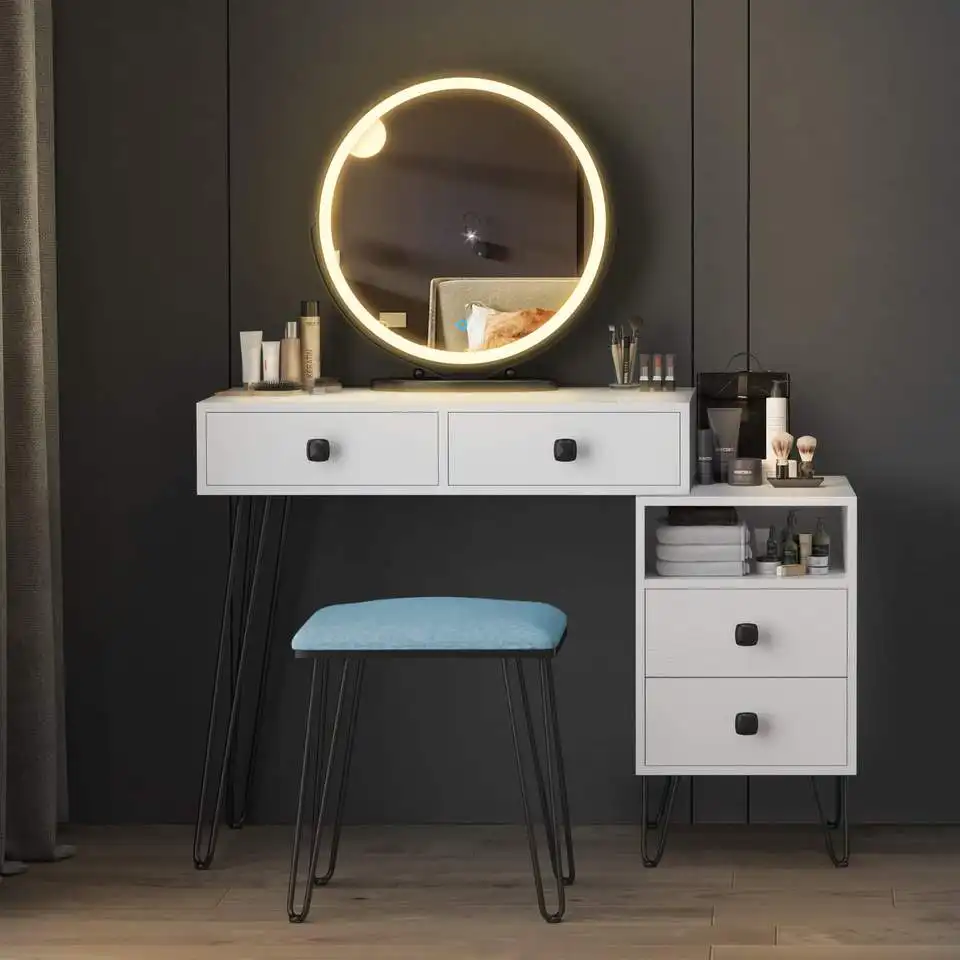 Schminktisch vendita calda colore bianco angolo vanità tavolo in legno led specchio per il trucco lampada da toeletta