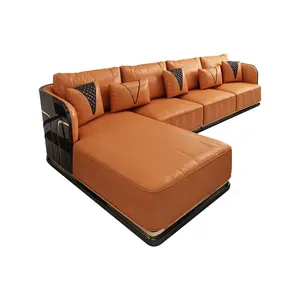Marco de acero dorado de lujo, conjunto de sofá moderno de cuero crema de perfil bajo, de gama alta, Catar Royal, 3 asientos