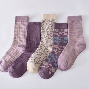 Wholesale New Fashion Mid Tube Warm Socks for Women Breathable Cotton Knitted Absorbent Cuff Purple Autumn Winter High Tube Warm - Product Image 2