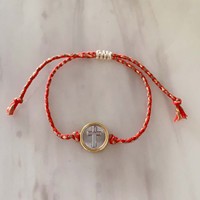 LS-L6164 Bracelets faits main avec perles médaillon, breloques cœur rouge et croix, nœud coulissant, perles dorées tressées, style foi