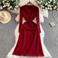 Robe décontractée en maille pour femme, élégante, à manches longues, en dentelle, col en V, coupe trapèze, longueur mi-mollet, pour les fêtes et le quotidien