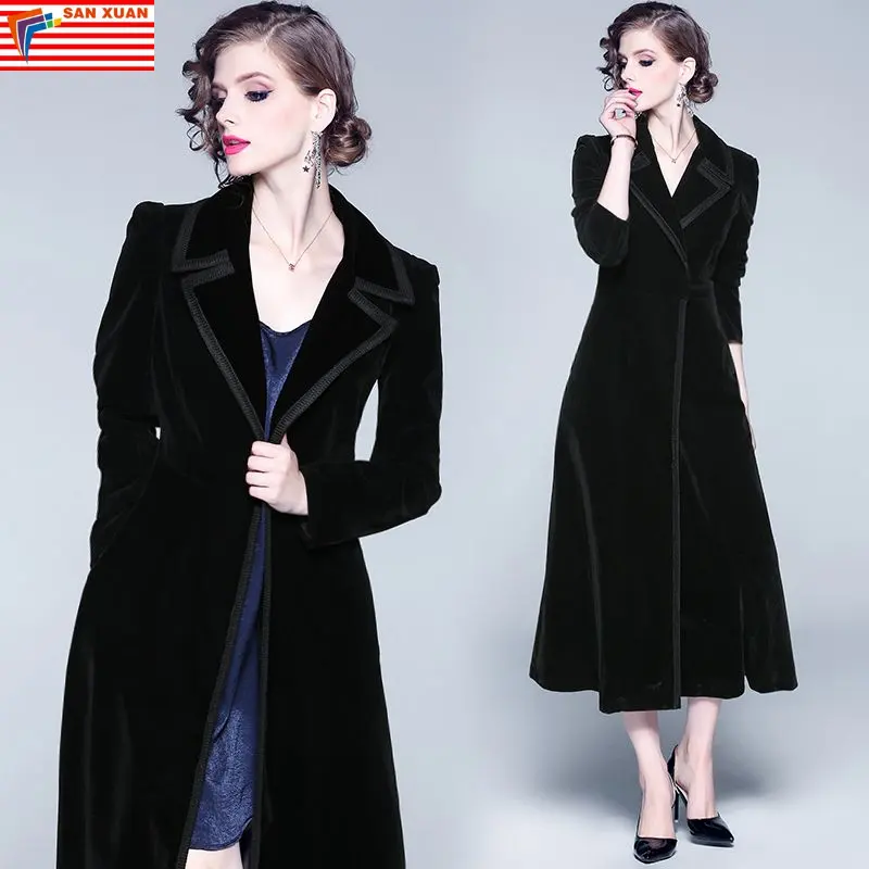 Factory sales winter latest luxurious velvet fashion european style double-breasted casual black women's long winter coat