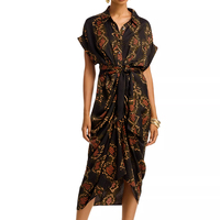 Robe midi pour femme, de qualité supérieure, design d'usine, en satin floral tissé naturel, à col chemise, manches courtes, avec ceinture à nouer, imprimé personnalisé, pour le quotidien