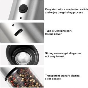 Electric <b>Pepper</b> Mill Salt <b>Grinder</b> Stainless Steel Rechargeable USB Gravity Eco-Friendly 170ml Capacity Dishwasher Safe Spice - Product Image 2