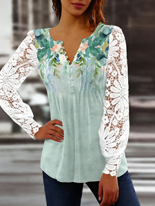 Blusa de Primavera/Otoño para Mujer Talla Grande, con Encaje, Mangas Largas, Cuello en V con Muescas, Botones al Frente, Estilo Túnica Plisada - Product Image 1