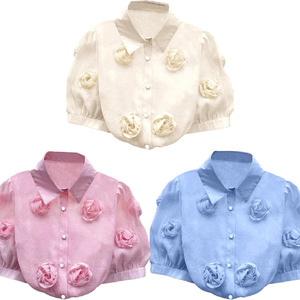 Camiseta sin mangas para mujer con estampado floral 3D, mangas abullonadas, corte regular, color liso, poliéster, antiencogimiento, para uso diario, rosa, albaricoque, azul - Product Image 1