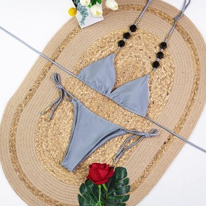 Conjunto de bikini triangular de 2 piezas para mujer, con decoración de conchas y cuentas, estilo halter sin espalda, traje de baño de verano para playa, venta al por mayor - Product Image 3