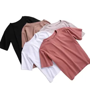 Custom new design turn-down collar short sleeve crop tops for women causal organic cotton women crop top shirt