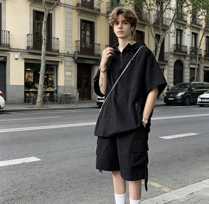 Conjunto de Dos Piezas para <span class=keywords><strong>Hombre</strong></span>, Estilo Americano, Verano 2026, Informal, Deportivo, Holgado, con Cierre, Camiseta de Manga Corta y Pantalones Cortos con Capucha - Product Image 1